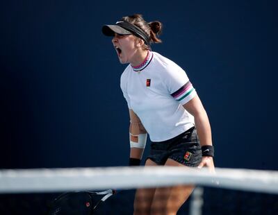 epa07454664 Bianca Andreescu of Canada reacts while playing against Irina-Camelia Begu of Romamia during their women's singles match at the Miami Open tennis tournament in Miami, Florida, USA, 21 March 2019.  EPA/JASON SZENES