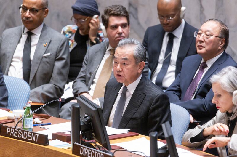 China's Foreign Minister Wang Yi addresses a high-level UN Security Council meeting on the conflict between Israel and Hamas in New York. EPA