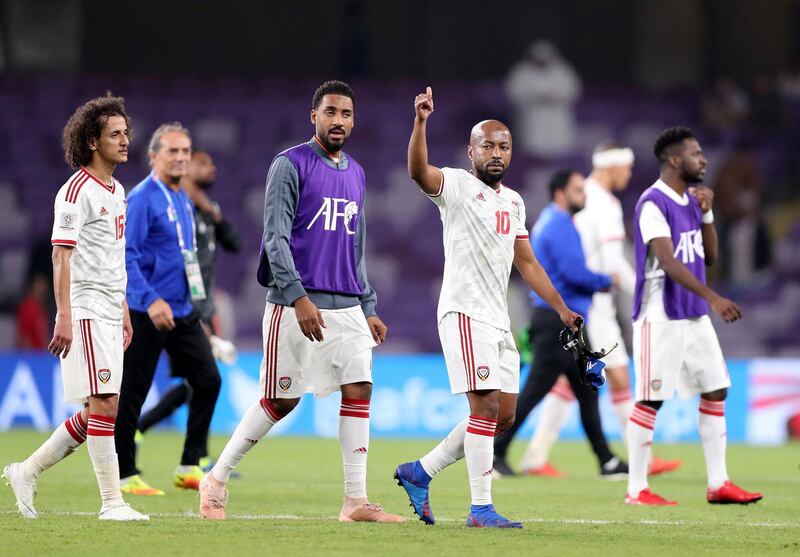 Al Ain, United Arab Emirates - January 14, 2019: UAE Ismaeil Matar thanks the fans at the end of the match after the game between UAE and Thailand in the Asian Cup 2019. Monday, January 14th, 2019 at Hazza Bin Zayed Stadium, Al Ain. Chris Whiteoak/The National