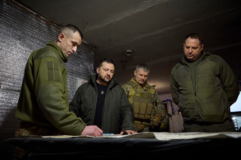 Ukrainian President Volodymyr Zelenskyy speaking with commanders during his trip to the Donetsk region. EPA