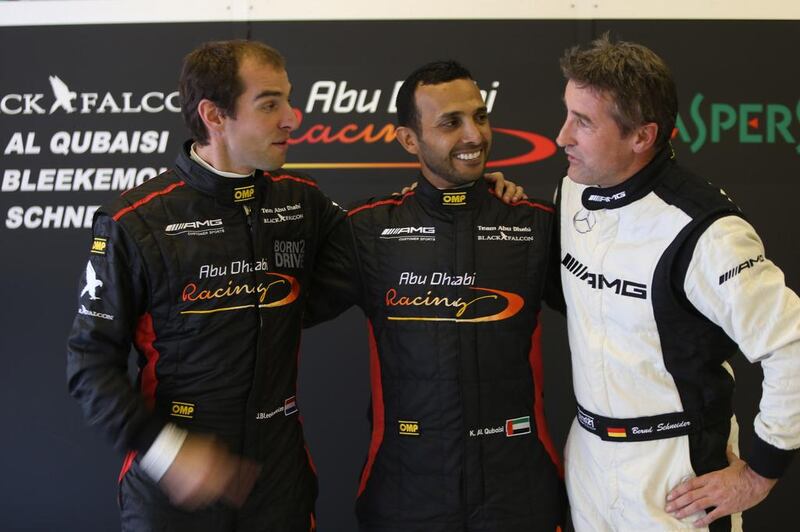 Team Abu Dhabi by Black Falcon drivers, from left: Jerome Bleekemolen, Khaled Al Qubaisi and Bernd Schneider. Delores Johnson / The National