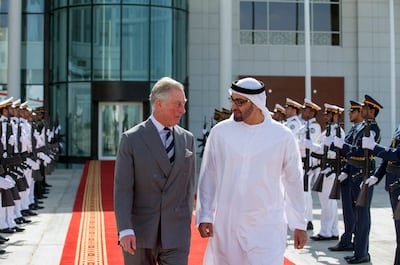 Sheikh Mohamed bin Zayed, Crown Prince of Abu Dhabi, receiving Prince Charles in the UAE capital in 2014. WAM
