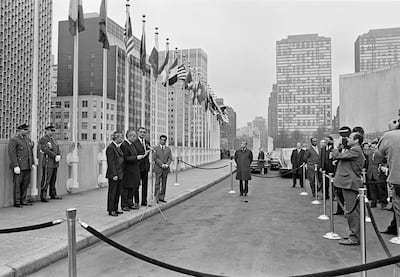 The Secretary-General is seen here as he read a statement prior to the flag-raising. From left to right are: Adam MALIK, President of the tventy-sixth session of the General Assembly; Secretary-General, U THANT; Adnan PACHACHI, Minister of State of the United Arab Emirates and Chairman of the delegation; and Mohamed Abdul Latif, Director of the Department of International Organizations of the Ministry of Foreign Affairs of that country.|
CREDIT=UN Photo/Saw Lwin