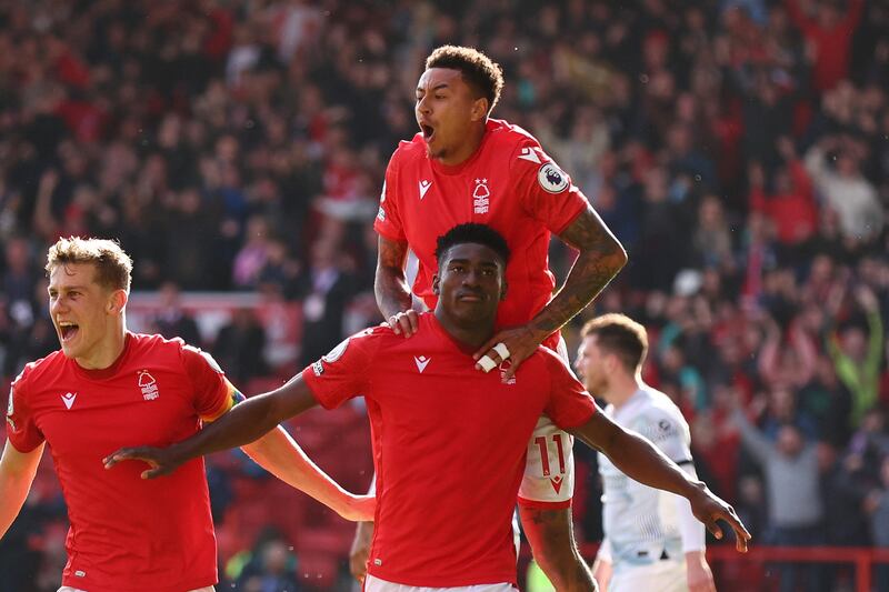 Nottingham Forest's Taiwo Awoniyi celebrates scoring against Liverpool on Saturday. Reuters