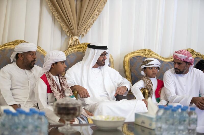 RAS AL KHAIMAH, UNITED ARAB EMIRATES -January 25, 2018: HH Sheikh Mohamed bin Zayed Al Nahyan Crown Prince of Abu Dhabi Deputy Supreme Commander of the UAE Armed Forces (3rd L), offers condolences to the family of martyr Abdullah Al Dahmani, who passed away while serving the the UAE Armed Forces in Yemen. 

(  Mohamed Al Baloushi for the Crown Prince Court - Abu Dhabi  )

---