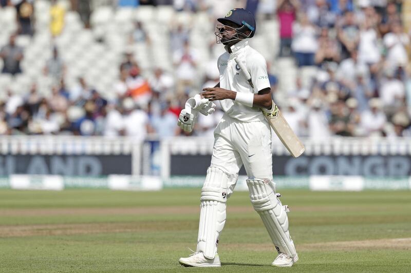 India all-rounder Hardik Pandya walks from the field after being the last man out, after the game ends on Day 4 at Edgbaston. AFP
