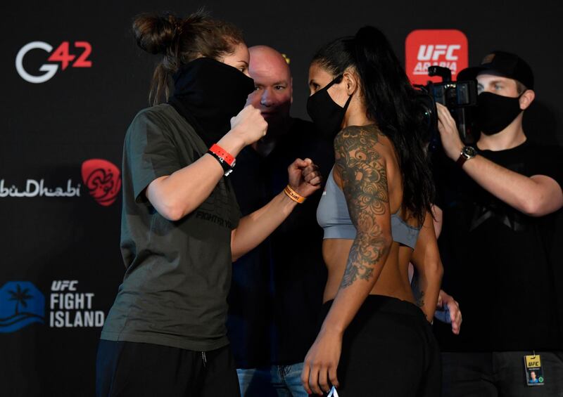ABU DHABI, UNITED ARAB EMIRATES - JANUARY 15: (L-R) Opponents Sarah Moras of Canada and Vanessa Melo of Brazil face off during the UFC weigh-in at Etihad Arena on UFC Fight Island on January 15, 2021 in Abu Dhabi, United Arab Emirates. (Photo by Jeff Bottari/Zuffa LLC)