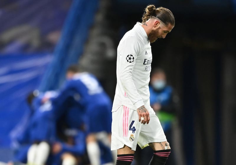 Soccer Football - Champions League - Semi Final Second Leg - Chelsea v Real Madrid - Stamford Bridge, London, Britain - May 5, 2021 Real Madrid's Sergio Ramos looks dejected after Chelsea's Mason Mount scored their second goal REUTERS/Toby Melville     TPX IMAGES OF THE DAY