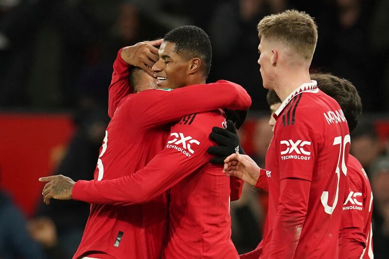 Manchester United's Marcus Rashford celebrates with teammates after scoring the second goal in the 3-0 League Cup quarter-final win against Charlton Athletic at Old Trafford on January  10, 2023. AP