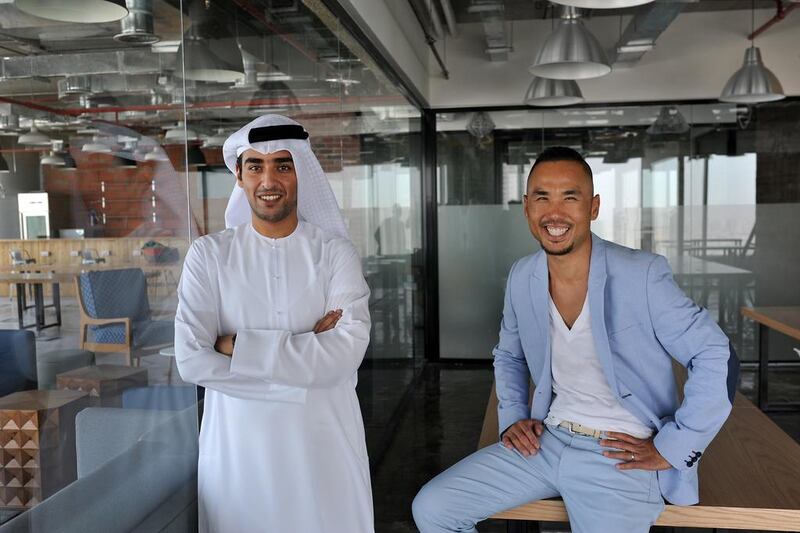 Fahad Al Ahbabi, left, and Bernard Lee, the co-founders of the GlassQube coworking space in Abu Dhabi. Delores Johnson / The National

