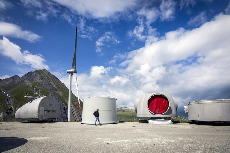 Some of the huge parts of a wind turbine at Griessee lake.  Olivier Maire / EPA
