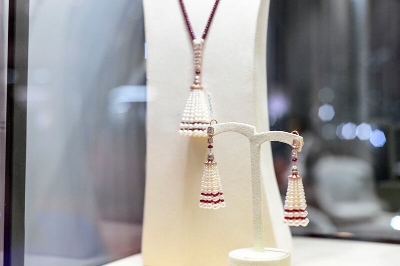 A pearl and ruby necklace from La Marquise. 