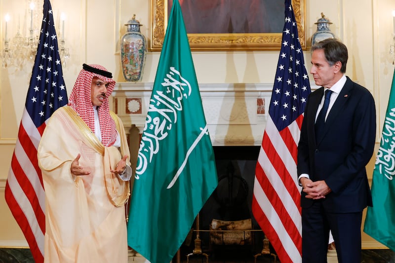 Saudi Foreign Minister Prince Faisal Bin Farhan meets with Secretary of State Antony Blinken at the State Department in Washington on Thursday. AP