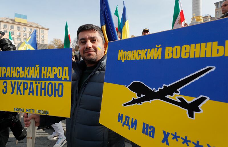 People attend a protest in Kyiv, Ukraine, against Iran's supplying of drones to Russia. EPA