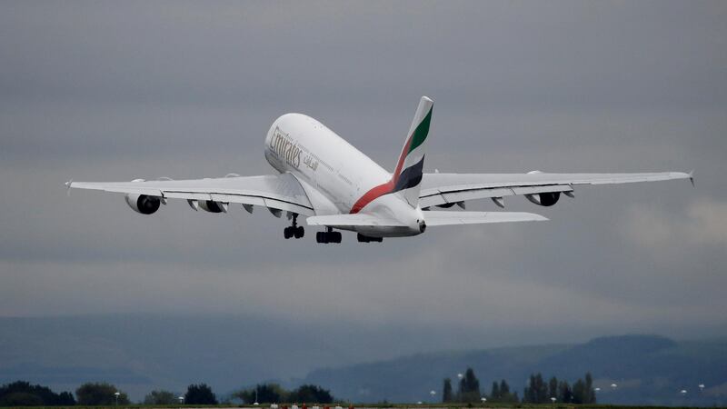 FILE PHOTO: An Emirates Airbus A380-800 aircraft takes off from Manchester Airport in Manchester, Britain September 4, 2018. REUTERS/Phil Noble/File Photo