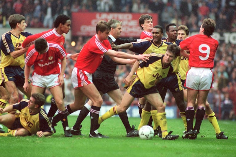 Arsenal's Anders Limpar and Nigel Winterburn at the centre of a fight with Manchester United's Brian McClair and Denis Irwin involving players from both sides  (Photo by Ross Kinnaird/EMPICS via Getty Images)