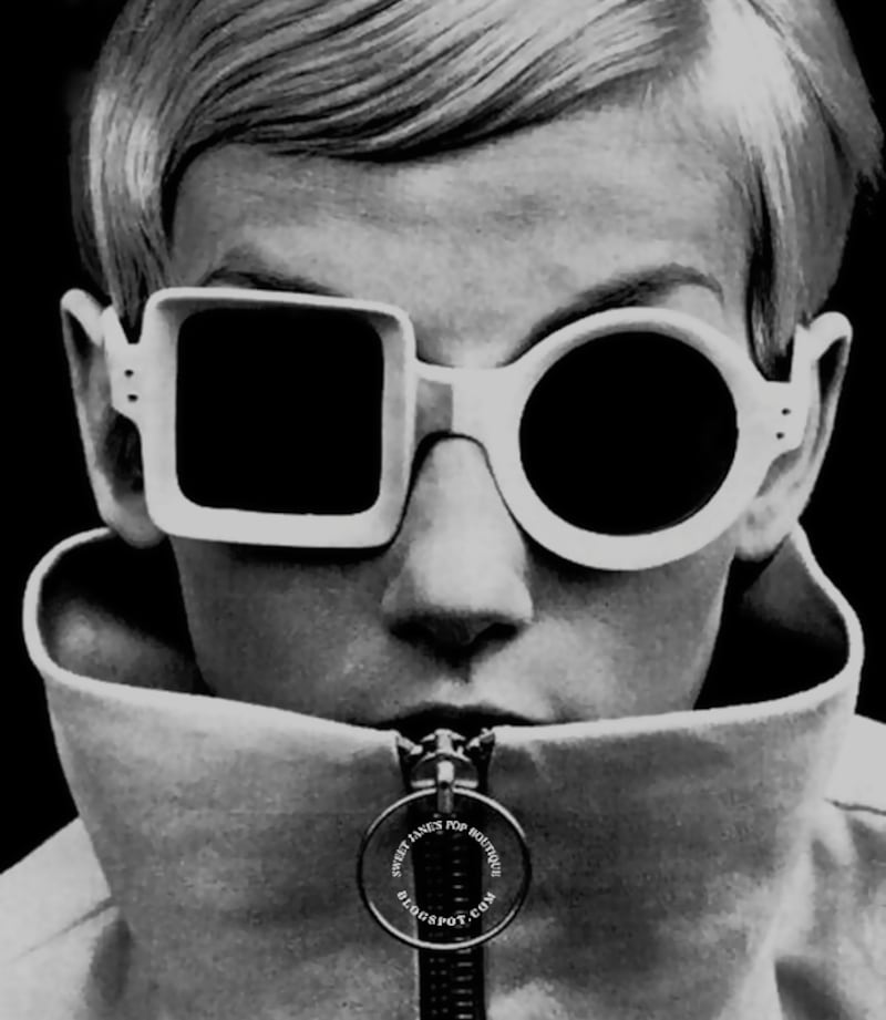 Supermodel Twiggy wears asymmetric sunglasses by Pierre Cardin in the 1960s. Courtesy Pierre Cardin Museum