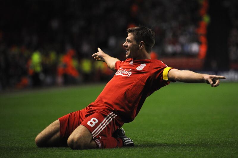 LIVERPOOL, UNITED KINGDOM - OCTOBER 01:  Steven Gerrard of Liverpool celebrates scoring his team's third goal, and his 100th goal for Liverpool during the UEFA Champions League Group D match between Liverpool and PSV Eindhoven at Anfield on October 1, 2008 in Liverpool, England.  (Photo by Shaun Botterill/Getty Images)