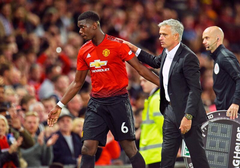 epa06941957 Manchester United manager Jose Mourinho (C) reacts as Paul Pogba (L) leaves the pitch during the English Premier League soccer match between Manchester United and Leicester City at Old Trafford in Manchester, Britain, 10 August 2018.  EPA/PETER POWELL EDITORIAL USE ONLY. No use with unauthorized audio, video, data, fixture lists, club/league logos or 'live' services. Online in-match use limited to 75 images, no video emulation. No use in betting, games or single club/league/player publications.