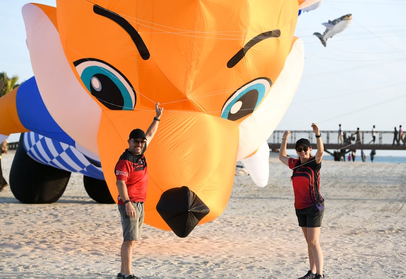 Roger Tessa Gambassi from France and his wife Nilza from Colombia join the Hudayriyat International Kite Festival 2024 in Abu Dhabi. All photos: Khushnum Bhandari / The National



