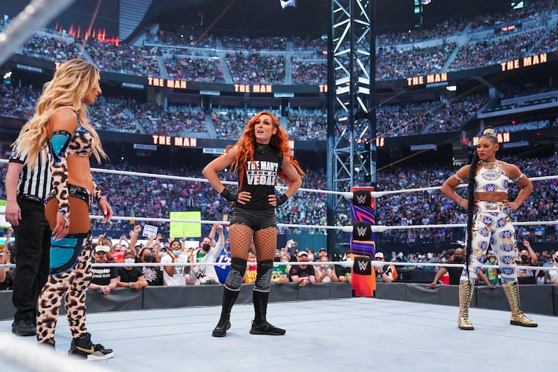 Carmella, Becky Lynch and Bianca Belair in the ring at SummerSlam. Photo: WWE