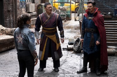 Wong with Xochitl Gomez and Benedict Cumberbatch in 'Doctor Strange in the Multiverse of Madness'. Photo: Marvel Studios 