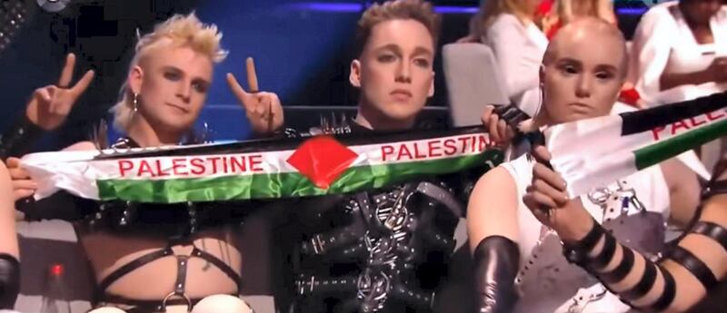 Iceland's Hatari hold up Palestinian flag at Eurovision
