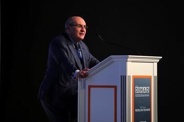 Antonio Vitorino, director-general of International Organisation for Migration, speaks during the opening session of the Dubai International Humanitarian Aid and Development. Chris Whiteoak / The National