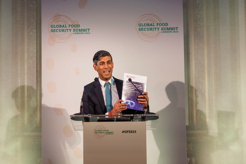 British Prime Minister Rishi Sunak speaks at the opening session of the Global Food Security Summit at Lancaster House, central London. Getty Images