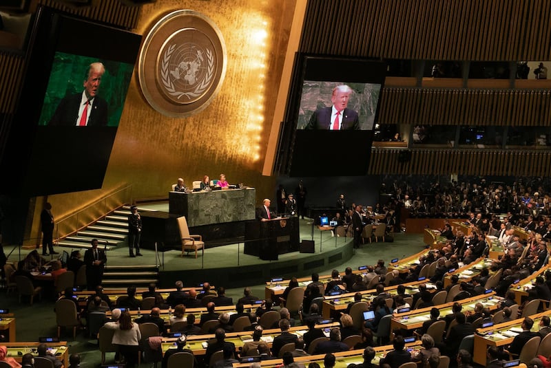 U.S. President Donald Trump speaks during the UN General Assembly meeting in New York, U.S., on Tuesday, Sept. 25, 2018. Trump will take aim at Iran over its nuclear program and ambitions in the Middle East in his second address to the United Nations General Assembly on Tuesday. Photographer: Jeenah Moon/Bloomberg