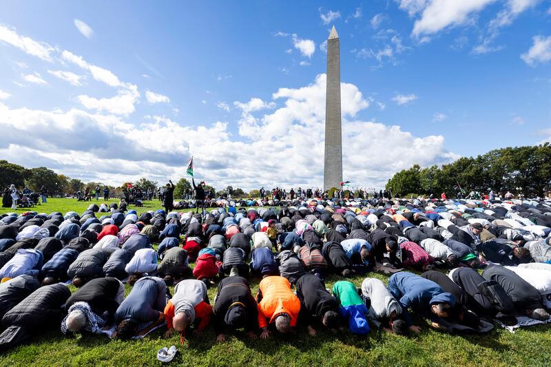 Demonstrators from American Muslims for Palestine pray during a protest against Israel's actions in Gaza. . EPA