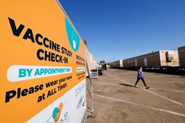 Trailers are shown in a city parking lot after a Phase 3 trial location of Johnson & Johnson's Janssen (COVID-19) vaccine candidate was announced in National City during the outbreak of the coronavirus disease. Reuters