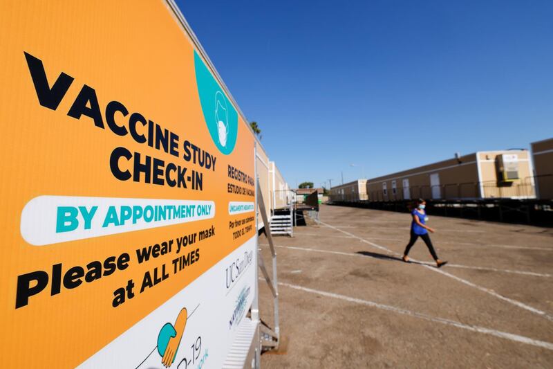 Trailers are shown in a city parking lot after a Phase 3 trial location of Johnson & Johnson's Janssen (COVID-19) vaccine candidate was announced in National City  during the outbreak of the coronavirus disease (COVID-19) in National City, California, U.S., October 13, 2020.   REUTERS/Mike Blake