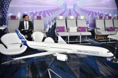 A scale model of an Airbus A350-1000 passenger aircraft is seen at the International Air Transport Association (IATA) annual meeting in Sydney last year. The trade body is expected to revise its revenue forecast for the industry downwards at this year's meeting. AFP