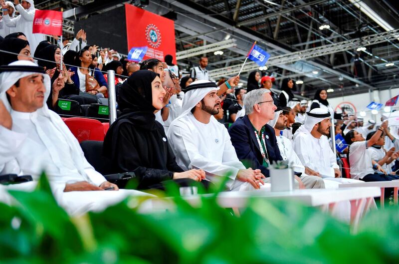 Sheikh Hamdan and Shamma Al Mazrui support the athletes at one of the matches held at Adnec on Monday. Wam
