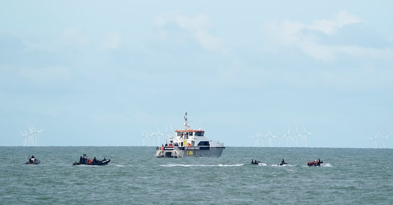 UK Border Force officers practice intercepting small boats crossing the English Channel. They have been accused of rehearsing 'pushback' tactics to return migrant boats to French waters. PA