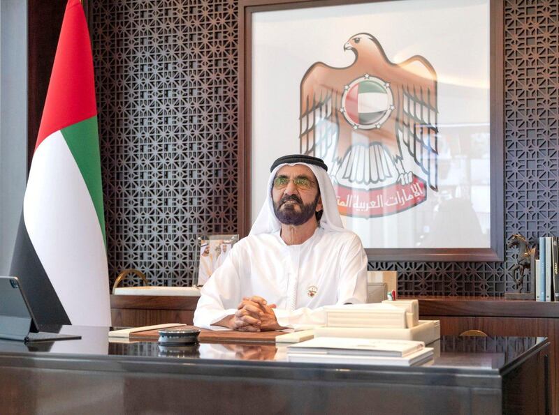 Sheikh Mohammed bin Rashid, Prime Minister and Ruler of Dubai, chairs a remote Cabinet meeting on Sunday. Courtesy: Dubai Media Office