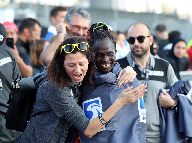 Abu Dhabi, United Arab Emirates - December 06, 2019: Vivian Kiplagat from Kenya wins the womens ADNOC Abu Dhabi marathon 2019. Friday, December 6th, 2019. Abu Dhabi. Chris Whiteoak / The National