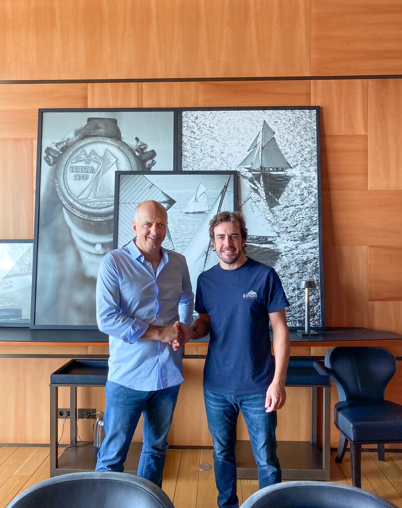 Formula One champion Fernando Alonso with Francis Lap, Sunreef Yachts founder. The experienced driver is among the owners of a luxury twin-hull catamaran that allows him to anchor away from the crowds and media. Photo: Sunreef Yachts