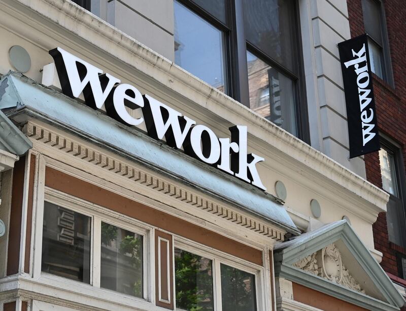 (FILES) In this file photo taken on July 19, 2019 a WeWork office is seen in New York City.  Ousted WeWork CEO Adam Neumann and the company he co-founded are being sued for pregnancy discrimination, US media reported. Former chief executive Maria Bardhi alleges management at the office leasing start-up "transparently and systematically marginalized and discriminated against" her after and during two pregnancies, Bloomberg reported her lawyer saying October 31, 2019. / AFP / TIMOTHY A. CLARY
