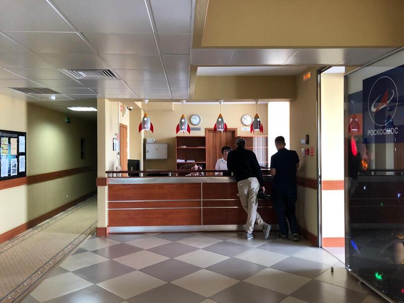 Rocket lamps hang in the lobby of the Seven Winds Hotel in Baikonur cosmodrome. Erica Alkhershi / The National