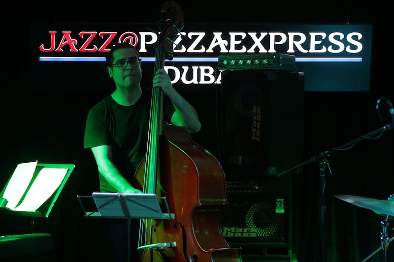 Dubai, United Arab Emirates, February 27, 2016:    Elie Afif on bass plays with members of the Rony Afif 4tet from the album, Zourouf, at Jazz@Pizza Express in the Jumeriah Lake Towers area of Dubai on February 27, 2016. Christopher Pike / The National

Job ID: 80579
Reporter: Rob Garratt
Section: Arts & Life
Keywords:  *** Local Caption ***  CP0227-al-Rony Afif 4tet-04.JPG