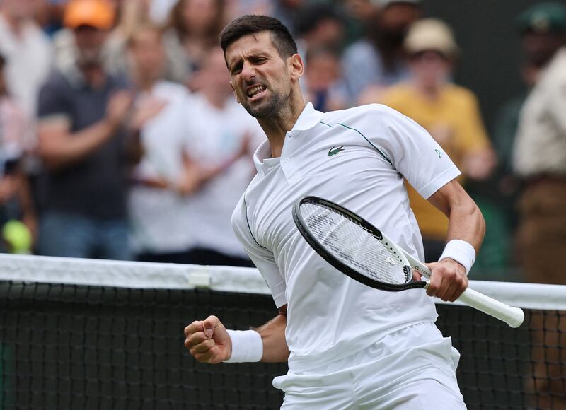 Novak Djokovic celebrates after beating Jannik Sinner in their Wimbledon quarter-final match on Tuesday, July 5, 2022. AFP