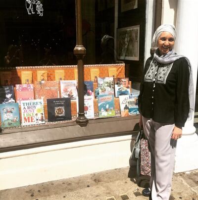 Leila Aboulela in front of a display of her short story collection, Elsewhere, Home, 2018. Photo: Al Saqi Bookshop