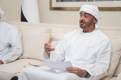 ABU DHABI, UNITED ARAB EMIRATES - May 03, 2020: HH Sheikh Mohamed bin Zayed Al Nahyan, Crown Prince of Abu Dhabi and Deputy Supreme Commander of the UAE Armed Forces, participates in an online lecture by HE Mariam Mohamed Saeed Hareb Al Mehairi, UAE Minister of State for Food Security, titled “ Nourishing the Nation: Food Security in the UAE ”. The lecture was broadcast on Al Emarat Channel as part of the Ramadan lecture series of Majlis Mohamed bin Zayed. 

( Rashed Al Mansoori / Ministry of Presidential Affairs )
---