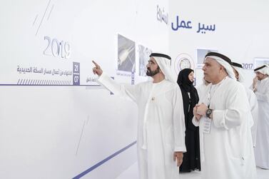 Dubai's Roads and Transport Authority director general, Mattar Al Tayer, pictured showing Sheikh Mohammed bin Rashid the latest progress on Dubai Metro extension plans, has told the World Government Summit that the emirate is well set to be at the forefront of transport innovation.    