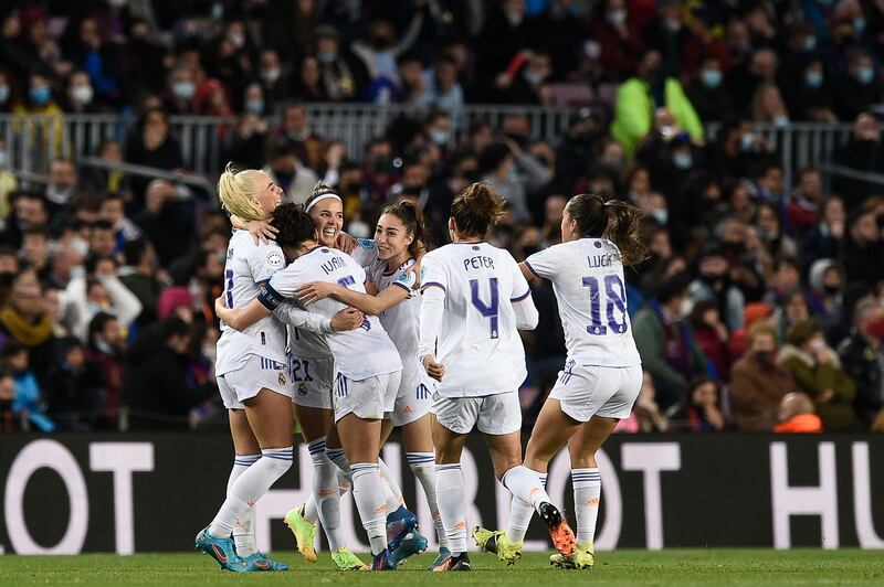 Real Madrid's Claudia Zornoza celebrates scoring her team's second goal with teammates. AFP