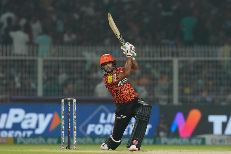 Sunrisers Hyderabad's Mayank Agarwal made 32 off 21 balls before he was caught by Rinku Singh off Harshit Rana. AP 