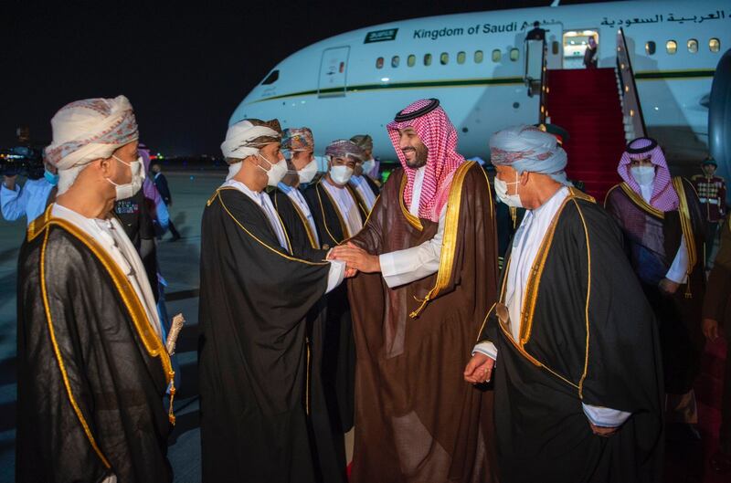 Prince Mohammed arrives in Muscat and is received by Sultan Haitham and other Omani dignitaries. Photo: SPA