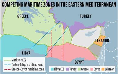 A map of the competing maritime zones in the East Mediterrenean. Roy Cooper / The National